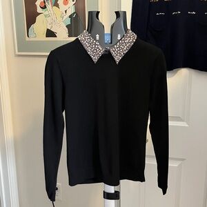 Alice + Olivia black fine knit wool sweater bling collar Tagged L runs M